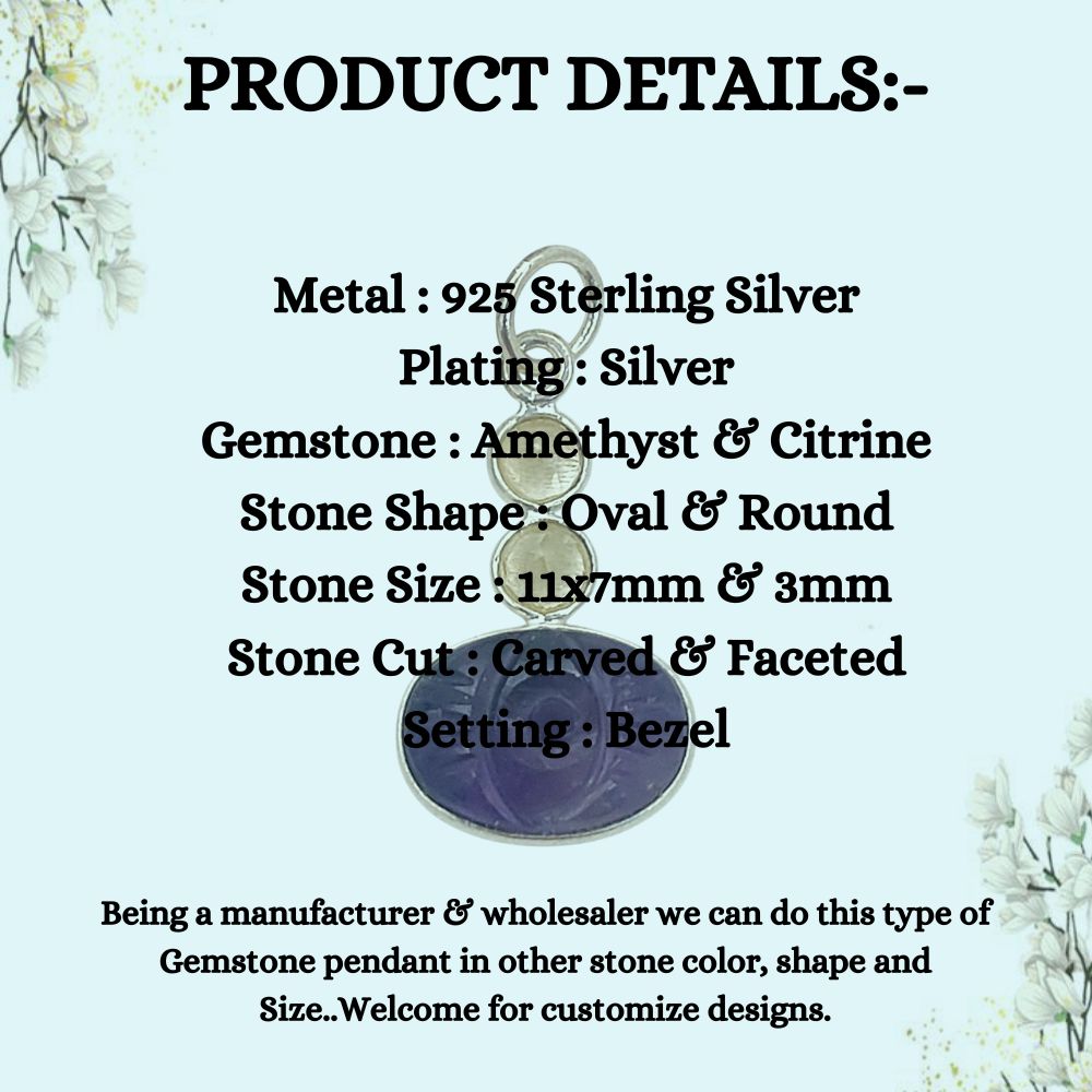 925 Sterling Silver Amethyst Pendant with Citrine Accents Hand-Carved Gemstone Charm for Handmade Jewelry- Selling Per Piece