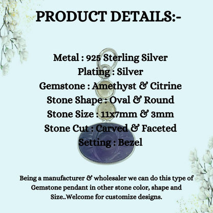 925 Sterling Silver Amethyst Pendant with Citrine Accents Hand-Carved Gemstone Charm for Handmade Jewelry- Selling Per Piece