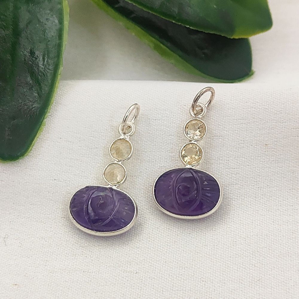 925 Sterling Silver Amethyst Pendant with Citrine Accents Hand-Carved Gemstone Charm for Handmade Jewelry- Selling Per Piece