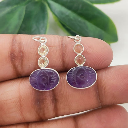 925 Sterling Silver Amethyst Pendant with Citrine Accents Hand-Carved Gemstone Charm for Handmade Jewelry- Selling Per Piece