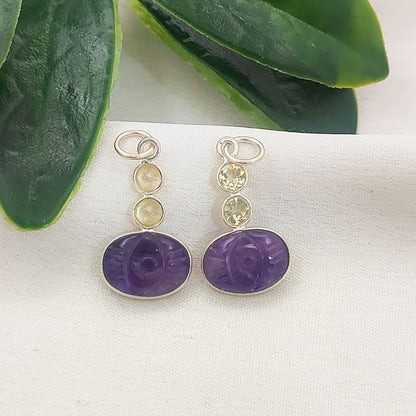 925 Sterling Silver Amethyst Pendant with Citrine Accents Hand-Carved Gemstone Charm for Handmade Jewelry- Selling Per Piece