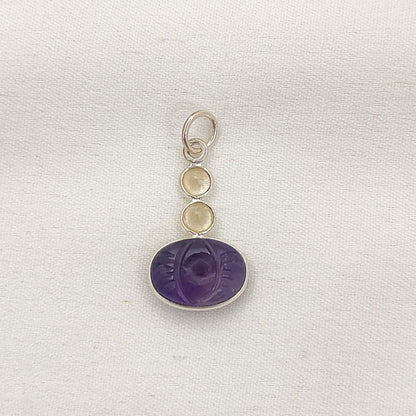925 Sterling Silver Amethyst Pendant with Citrine Accents Hand-Carved Gemstone Charm for Handmade Jewelry- Selling Per Piece