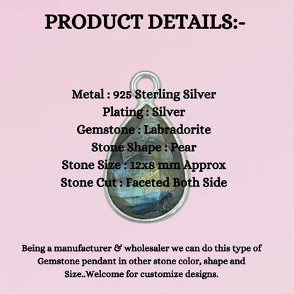925 Sterling Silver Blue Flash Labradorite Teardrop Pendant Natural Gemstone Jewelry Charm- Selling Per Piece