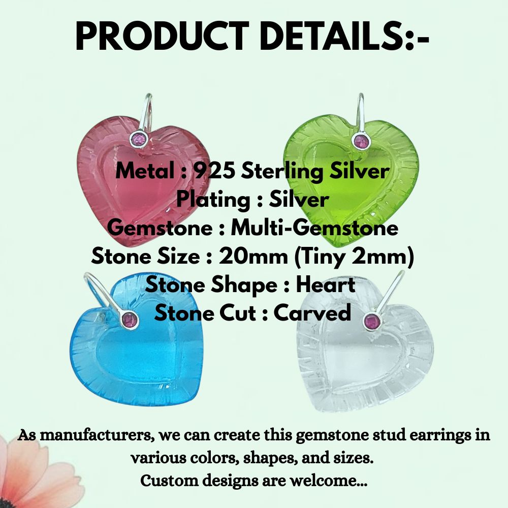 925 Sterling Silver Heart Pendant with Carved Multi-Color Gemstones, DIY Jewelry Necklace Charm