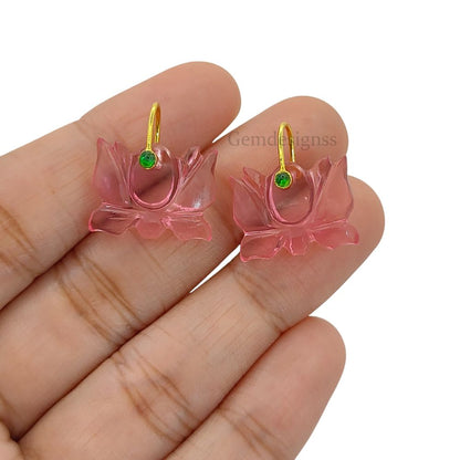 925 Sterling Silver Pink Quartz Lotus Carving Pendant Mahalaxmi Goddess Spiritual Healing Crystal Charm for Necklace Jewelry Making- Selling Per Piece