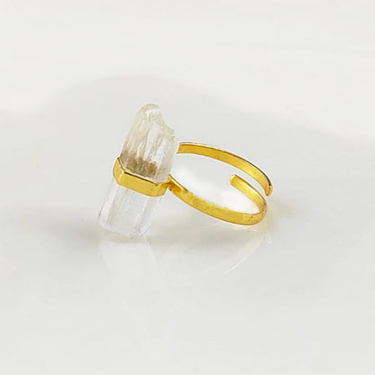 925 Sterling Silver Raw Clear Quartz Adjustable Ring Gold Plated Handmade Minimalist Jewelry For Women- Selling Per Piece