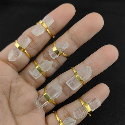 925 Sterling Silver | Raw Clear Quartz | Gold Plated Adjustable Ring