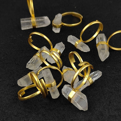 925 Sterling Silver Raw Clear Quartz Adjustable Ring Gold Plated Handmade Minimalist Jewelry For Women- Selling Per Piece