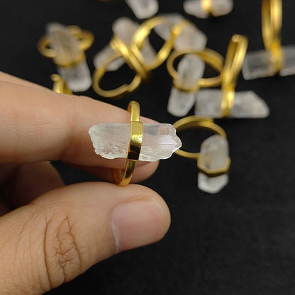 925 Sterling Silver Raw Clear Quartz Adjustable Ring Gold Plated Handmade Minimalist Jewelry For Women- Selling Per Piece