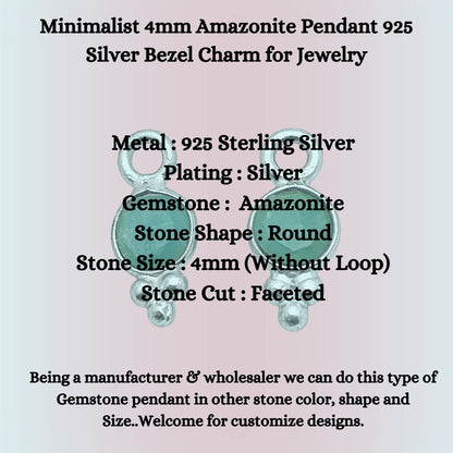 Minimalist 4mm Amazonite Pendant 925 Silver Bezel Charm for Jewelry