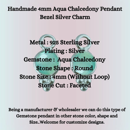 Handmade 4mm Aqua Chalcedony Pendant Bezel Silver Charm