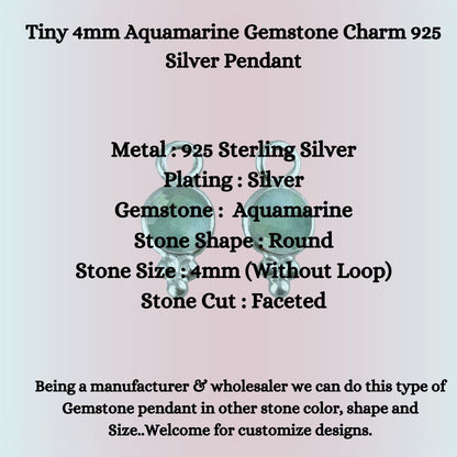 Tiny 4mm Aquamarine Gemstone Charm 925 Silver Pendant