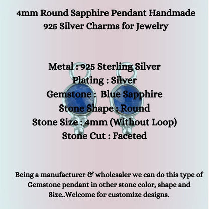 4mm Round Sapphire Pendant Handmade 925 Silver Charms for Jewelry