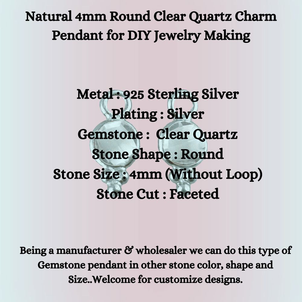 Natural 4mm Round Clear Quartz Charm Pendant for DIY Jewelry Making