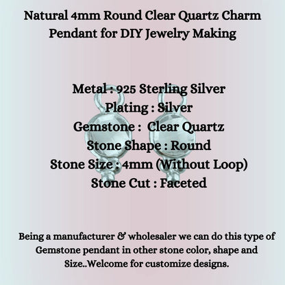Natural 4mm Round Clear Quartz Charm Pendant for DIY Jewelry Making