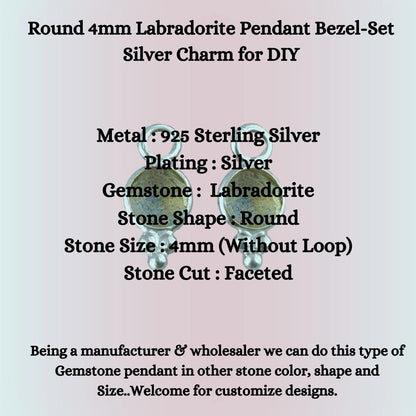Round 4mm Labradorite Pendant Bezel-Set Silver Charm for DIY