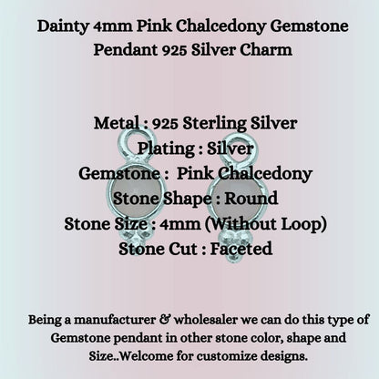 Dainty 4mm Pink Chalcedony Gemstone Pendant 925 Silver Charm