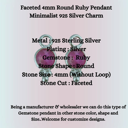 Faceted 4mm Round Ruby Pendant Minimalist 925 Silver Charm