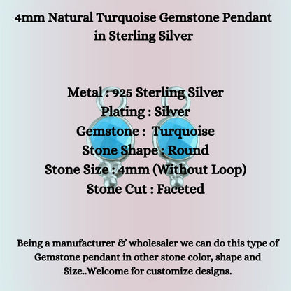 4mm Natural Turquoise Gemstone Pendant in Sterling Silver