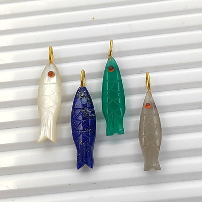 Hand-Carved Green Onyx Fish Pendant in 925 Sterling Silver Handmade Nautical Animal Charm for DIY Jewelry- Selling Per Piece