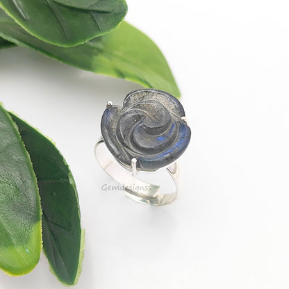 925 Sterling Silver Labradorite Rose Carving Ring Handcarved Flower Adjustable Band Rings
