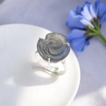 Handcarved Labradorite Rose Carving Ring – Adjustable 925 Sterling Silver Band