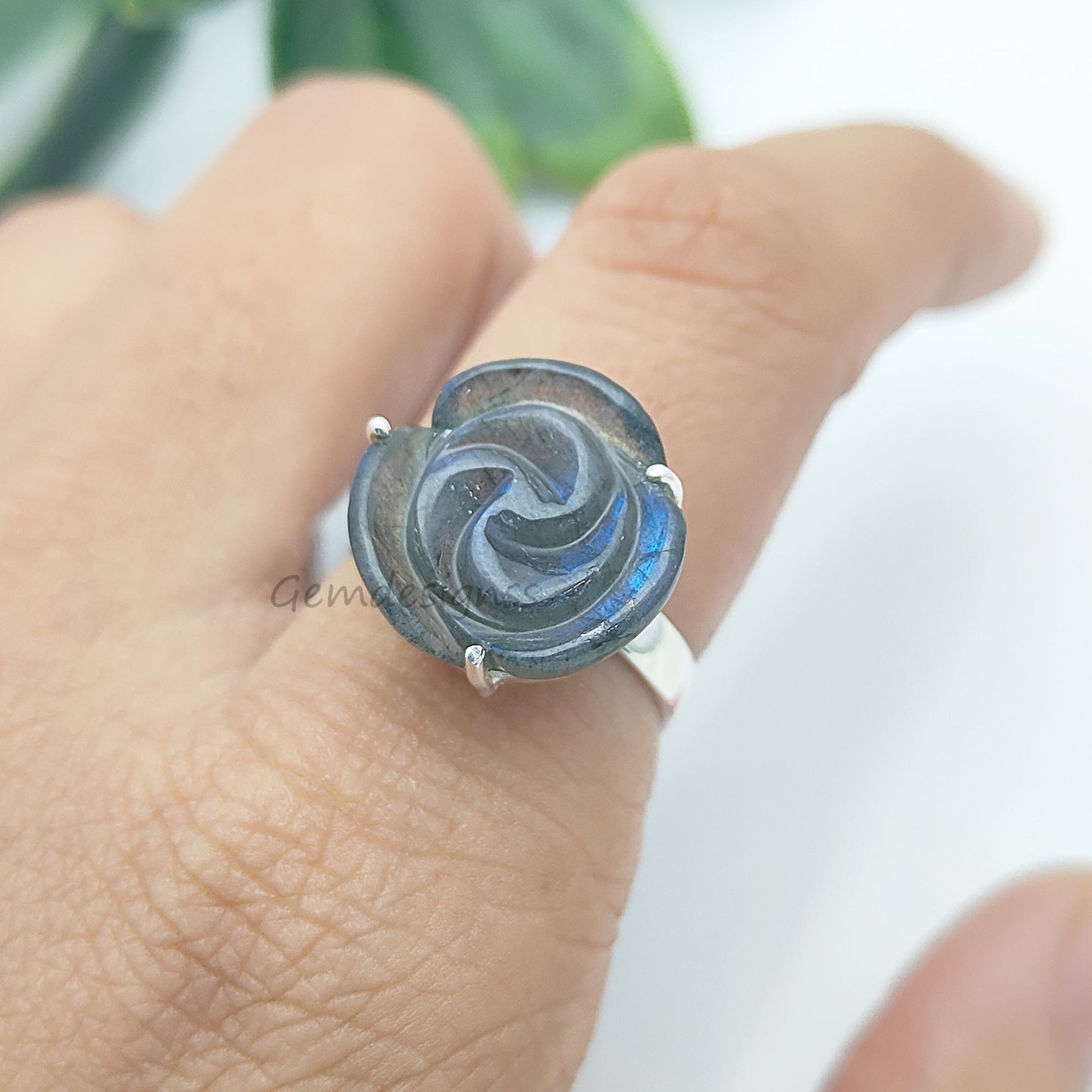 Custom Labradorite Rose Carving Ring – Handcarved Flower, 925 Sterling Silver Adjustable Band