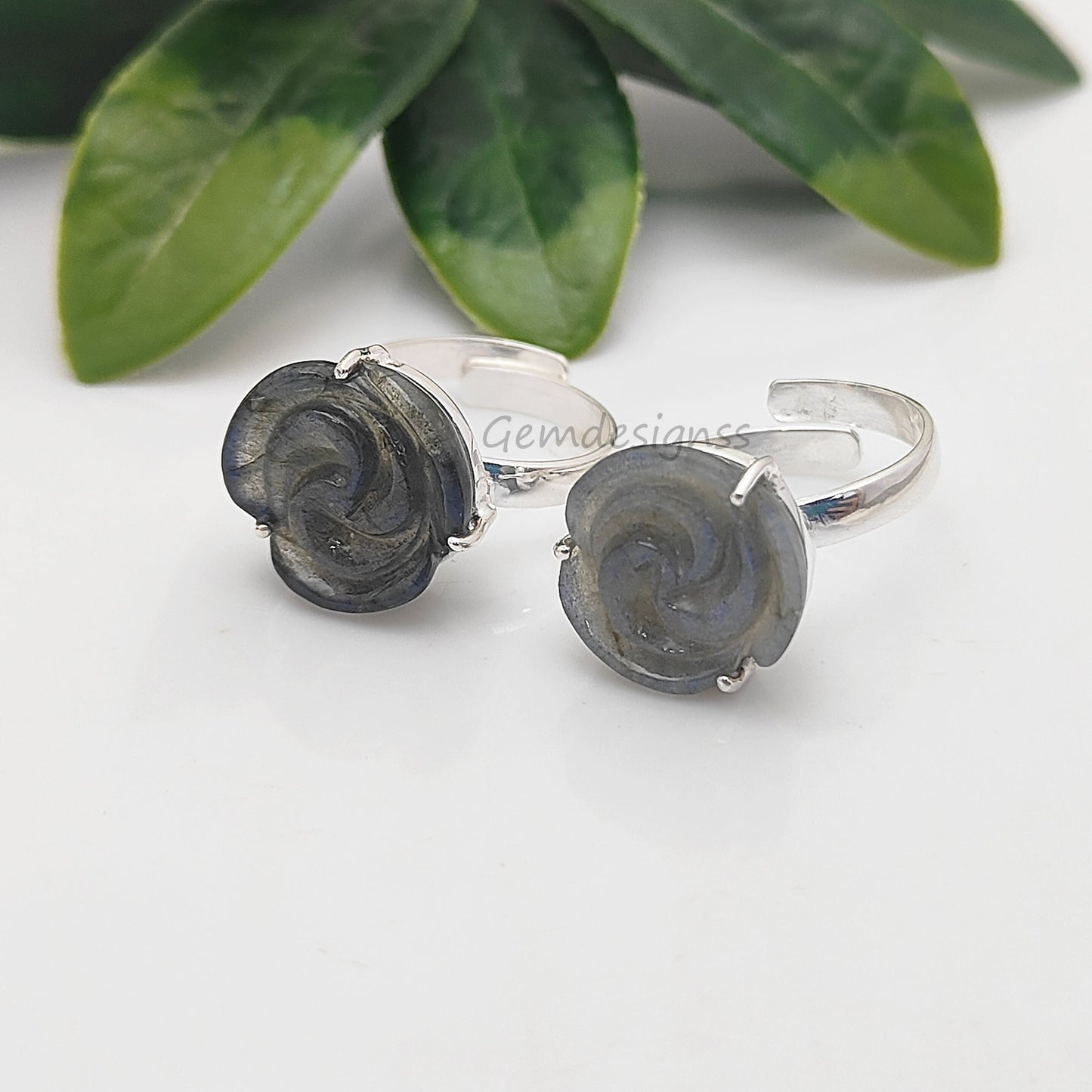 Handmade Labradorite Rose Ring – Adjustable 925 Sterling Silver with Handcarved Flower