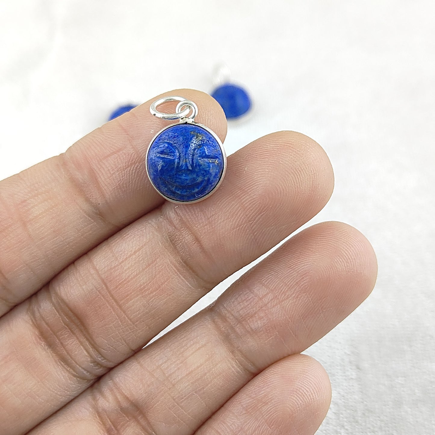 Unique Lapis Lazuli Carved Moon Face Pendant Handmade Sterling Silver Gold Plated Healing Crystal Necklace Charms – Selling Per Piece