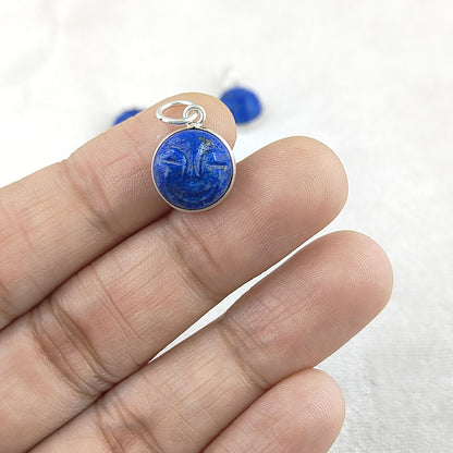 Unique Lapis Lazuli Carved Moon Face Pendant Handmade Sterling Silver Gold Plated Healing Crystal Necklace Charms – Selling Per Piece