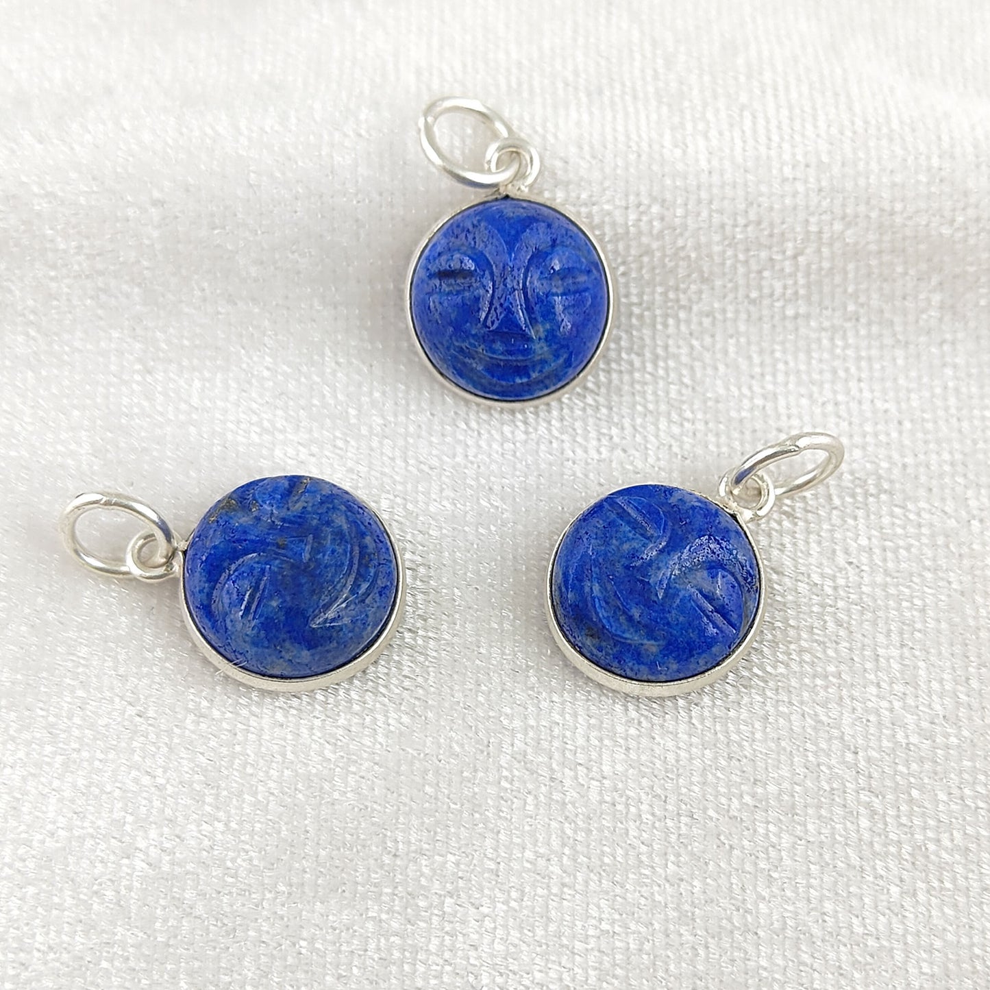 Unique Lapis Lazuli Carved Moon Face Pendant Handmade Sterling Silver Gold Plated Healing Crystal Necklace Charms – Selling Per Piece