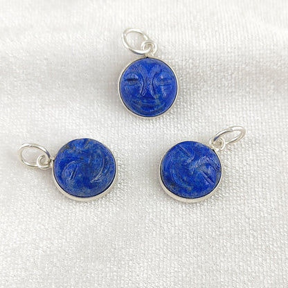 Unique Lapis Lazuli Carved Moon Face Pendant Handmade Sterling Silver Gold Plated Healing Crystal Necklace Charms – Selling Per Piece