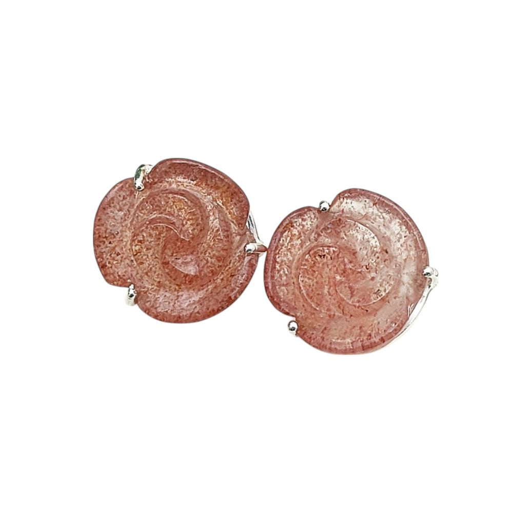 925 Sterling Silver Floral Stud Earring with Pink Strawberry Quartz – Handmade Gemstone (Single)