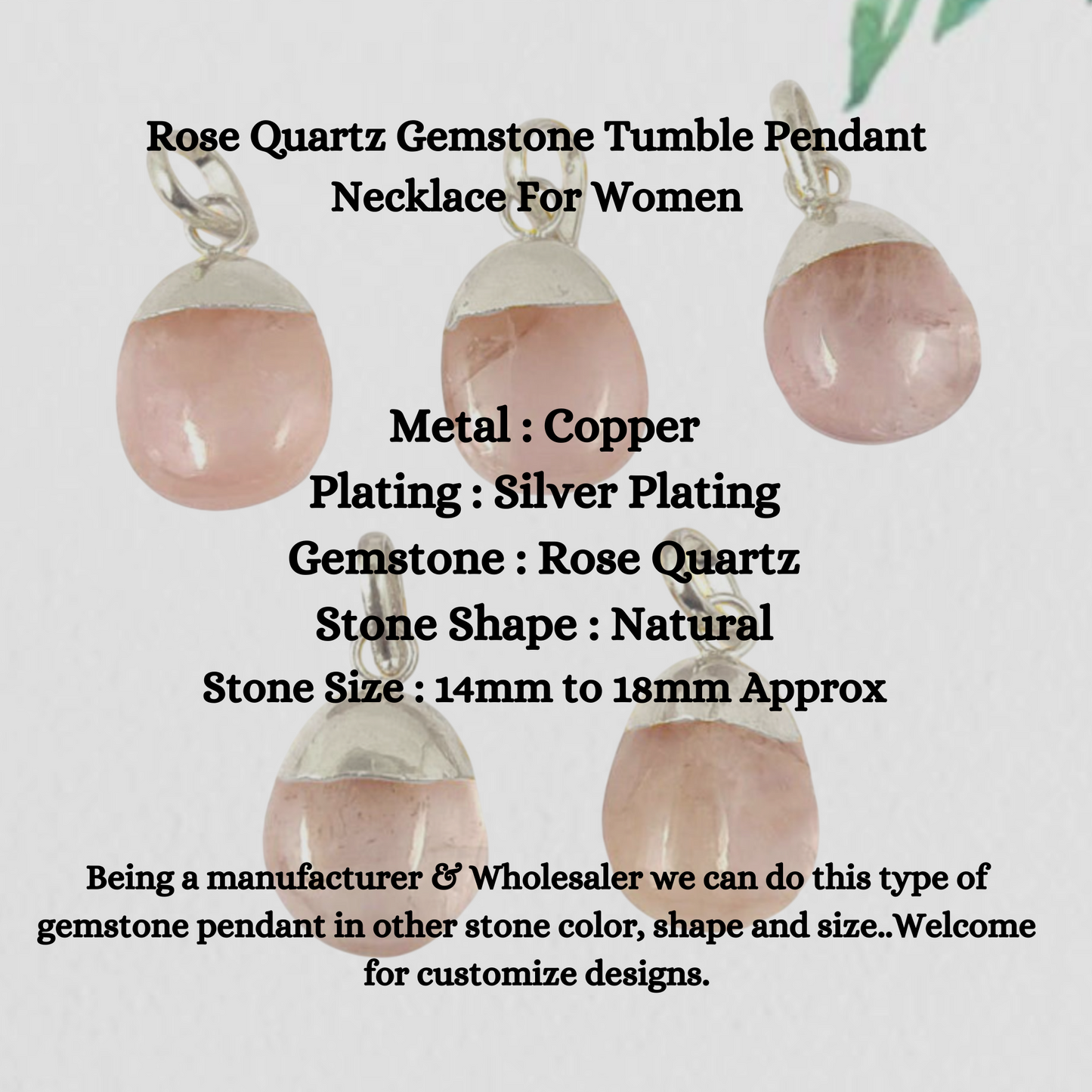 Rose Quartz Gemstone Tumble Pendant Necklace Silver Electroplated Birthstone Jewelry For Women- Selling Per Piece