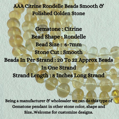 AAA Citrine Rondelle Beads Smooth & Polished Golden Stone