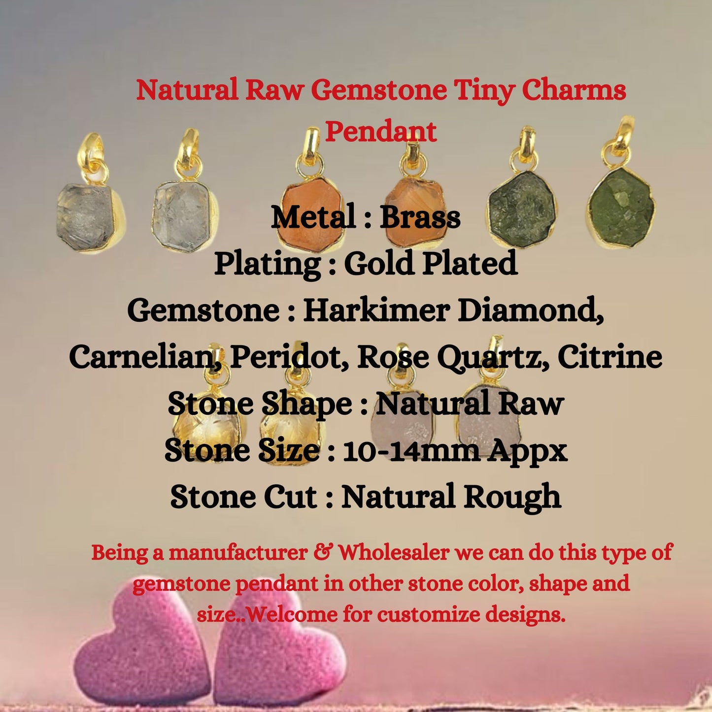 Raw Gemstone Tiny Pendant Rough Stone Pendant Necklace Artisans Charms Gold Plated Jewelry- Selling Per Piece