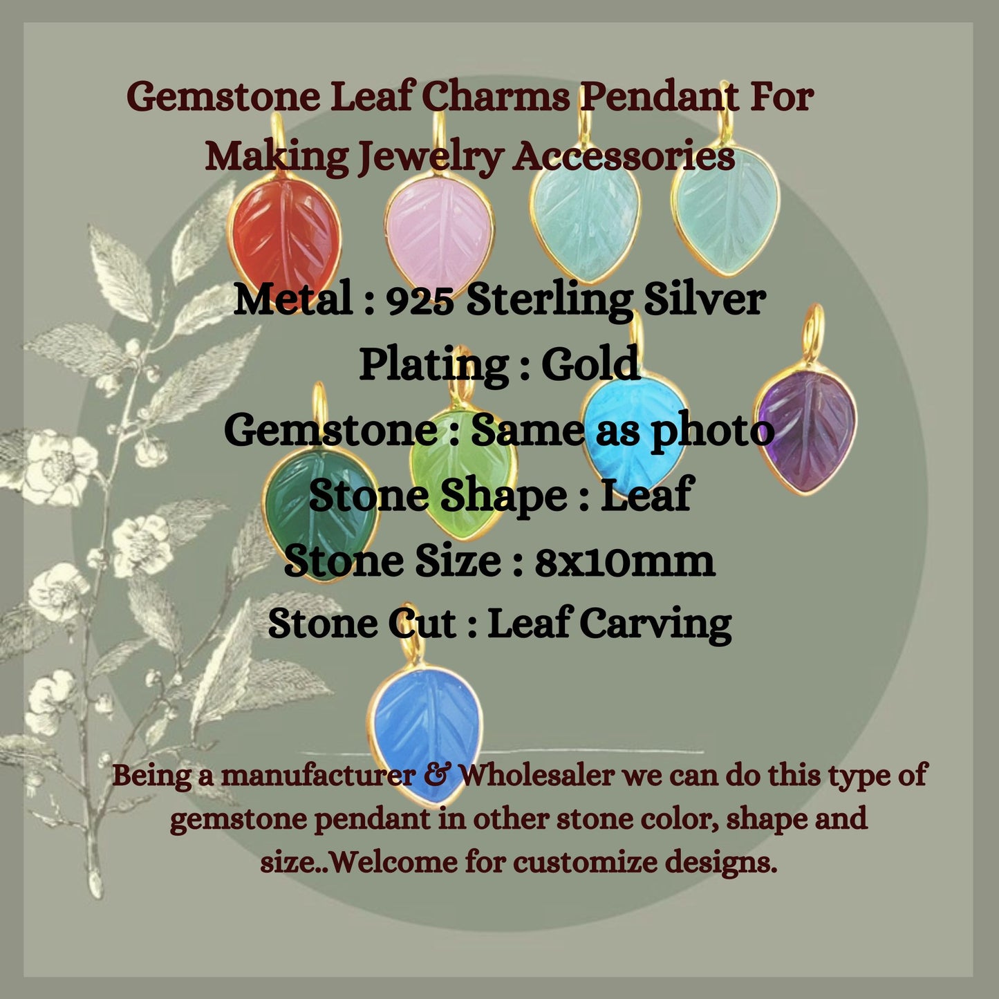 Multi Gemstone Leaf Carving 925 Silver Gold Vermeil Gemstone Pendant For Jewelry Making- Selling Per Piece