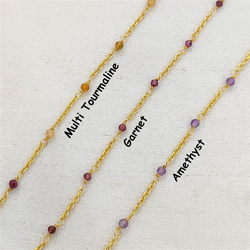Gold Plated Gemstone Rosary Chain, Multi Stone Beaded Wire Wrap Chain for Dainty Layered Jewelry Designs - Selling Per Feet