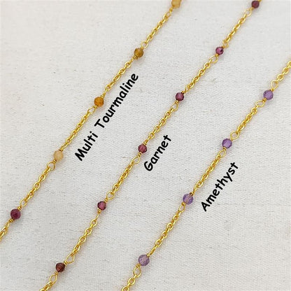 Gold Plated Gemstone Rosary Chain, Multi Stone Beaded Wire Wrap Chain for Dainty Layered Jewelry Designs - Selling Per Feet