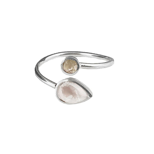 Handmade 925 sterling silver adjustable ring with two rose quartz gemstones, jewelry for women