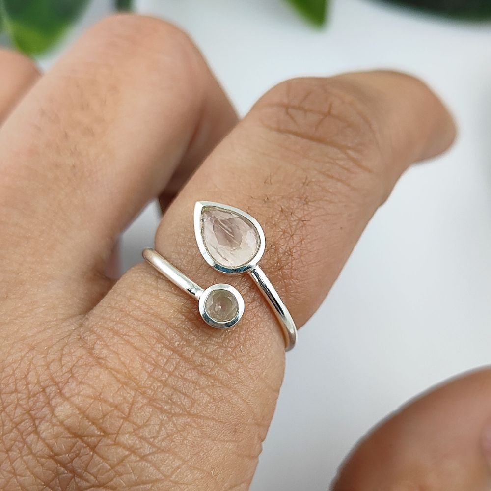Minimalist handmade sterling silver ring with double rose quartz gemstones, adjustable band