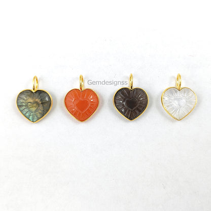 15mm Heart Shape Gemstone Birthstone Pendant Gold Plated Silver Handmade Jewelry- Selling Per Piece