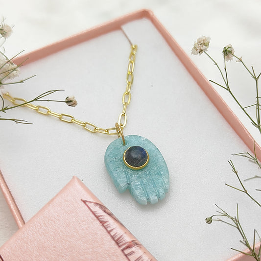 Amazonite Evil Eye Necklace Handmade Sterling Silver Hamsa Pendant for Women