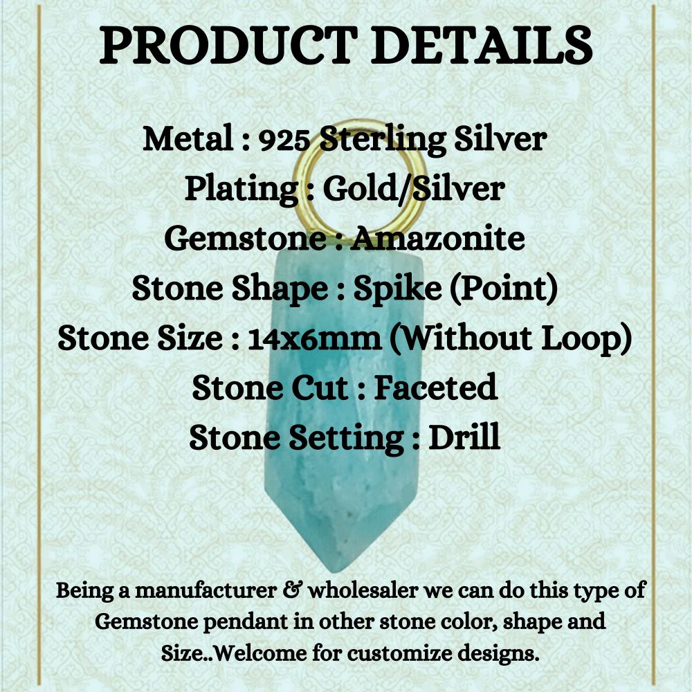 Amazonite Pencil Point Pendant in Gold Plated Sterling Silver 14x6mm Handmade Gemstone Spike Charm, Healing Crystal Necklace Pendant- Selling Per Piece