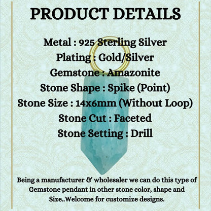 Amazonite Pencil Point Pendant in Gold Plated Sterling Silver 14x6mm Handmade Gemstone Spike Charm, Healing Crystal Necklace Pendant- Selling Per Piece
