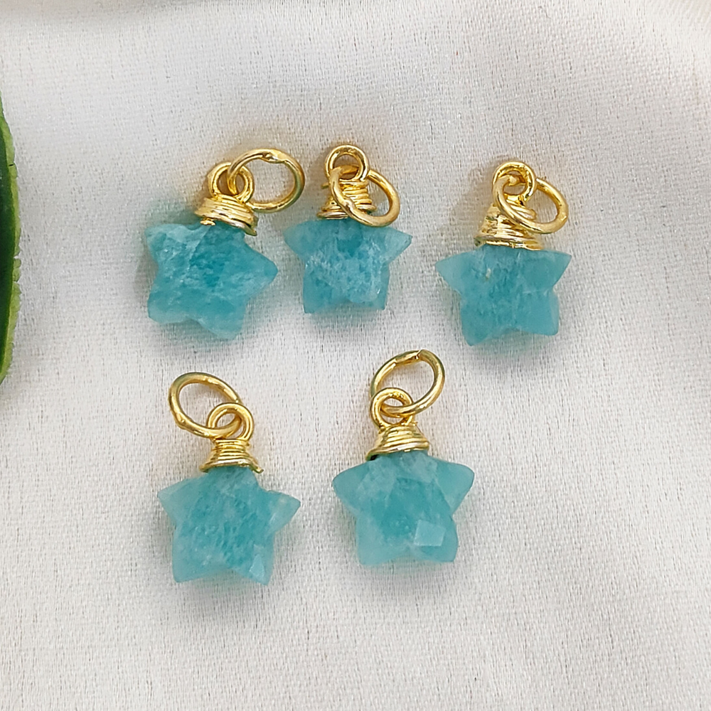 Amazonite Star Charm Gold Wire Wrapped Faceted Gemstone Pendant for Jewelry Making