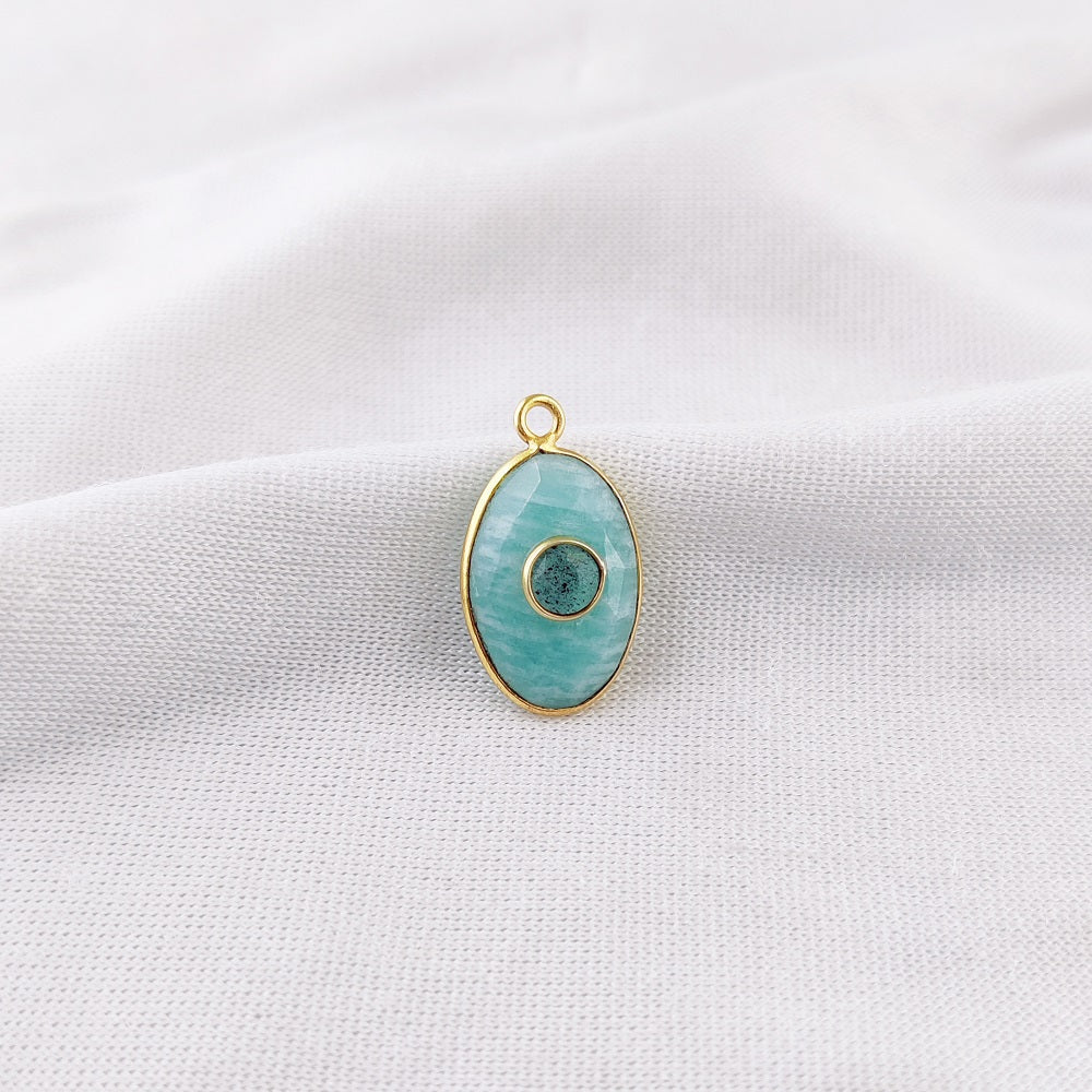 Gold-Plated Sterling Silver Amazonite & Labradorite Double Gemstone Oval Bezel Set Charm Pendant For Gift- Selling Per Piece