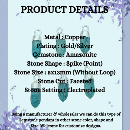 Amazonite Spike Pendant Gold/Silver Electroplated Raw Crystal Charm for DIY Jewelry & Handmade Necklaces- Selling Per Piece