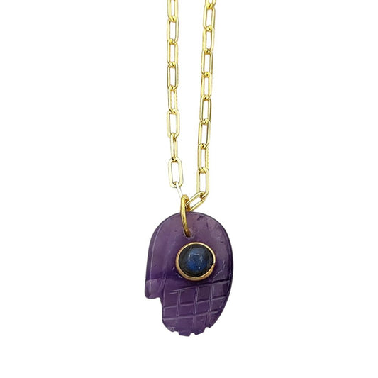 Amethyst Hamsa Hand Necklace Gold Plated Paperclip Chain Unique Boho Spiritual Jewelry Gift- Selling Per Piece