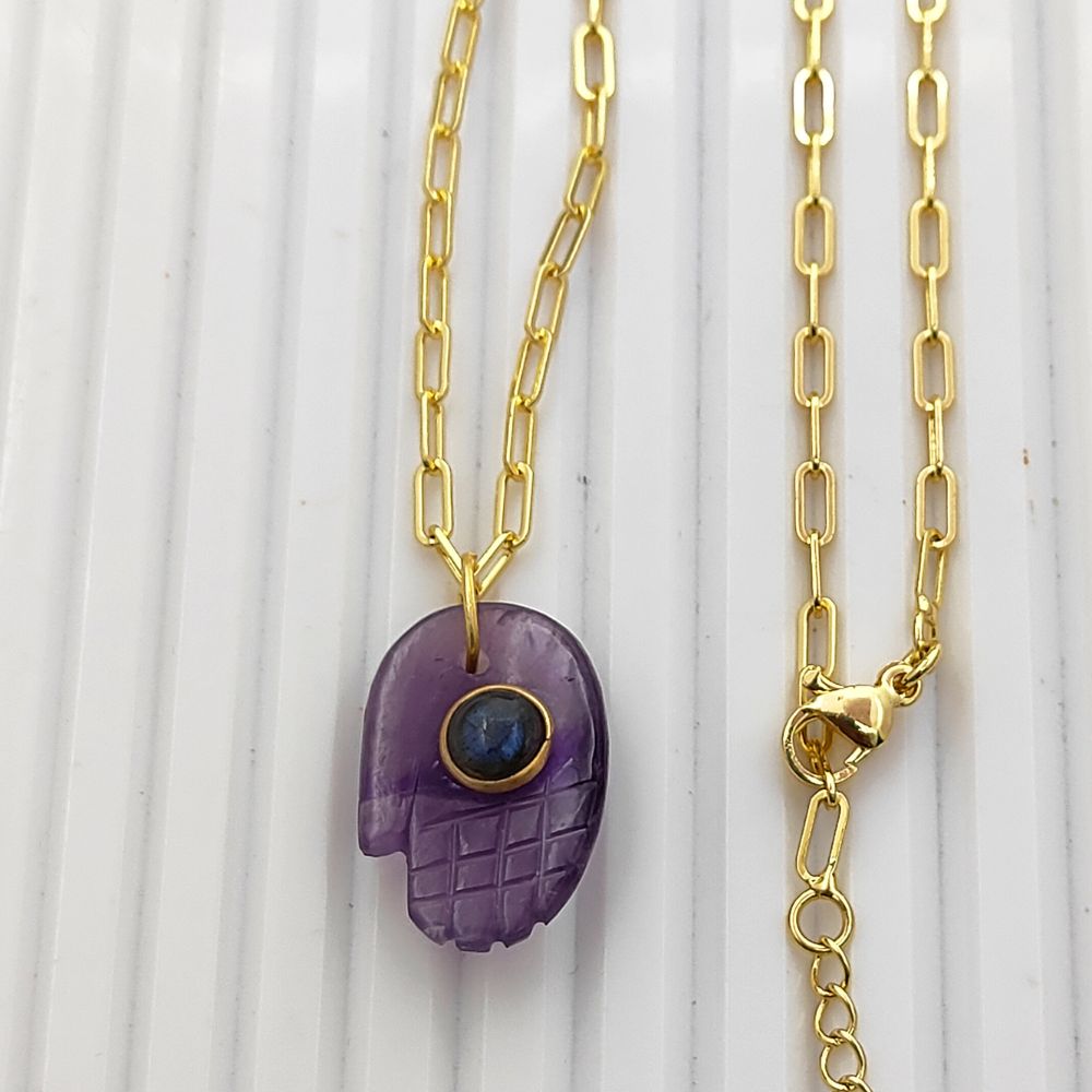Amethyst Hamsa Hand Necklace Gold Plated Paperclip Chain Unique Boho Spiritual Jewelry Gift- Selling Per Piece